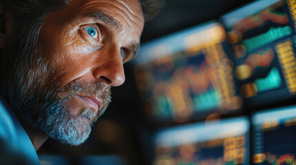 Aufkleber - An experienced stock market trader reacts intensely to a key trade. His face reflects a mix of concentration, anticipation, and mild amazement as he watches his computer screen. Generative AI.