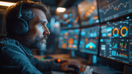 Aufkleber - Cybersecurity analyst sitting at a desk in front of a computer. The monitors display data visualizations and dashboards related to digital asset inventories, risk assessments. Generative AI.