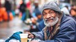 An elderly homeless man sits at a table, peacefully sipping coffee in a bustling environment