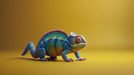 Colorful colored chameleon, lizard close up with big eye, on a solid color background, Banner with Space for Copy, panorama background
