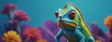 Colorful Colored Chameleon, Lizard Close Up With Big Eye, On A Solid Color Background, Banner With Space For Copy, Panorama Background
