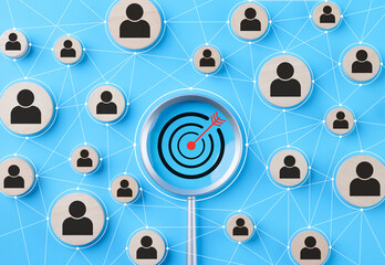 Wall Mural - CRM, Customer relationship management concept. Graphic illustration of customer profiles connected to a target, representing customer relationship management and targeted marketing strategies.
