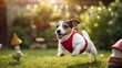 jack russell terrier A comical Jack Russell puppy dressed as a tiny superhero,  flying  through a backyard with a cape, 