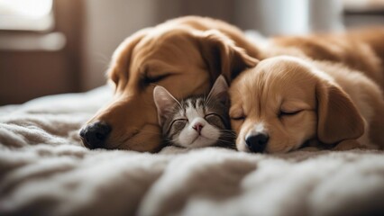 Wall Mural - puppy sleeping on the couch Cat and dog sleeping together. Kitten and puppy taking nap. Home pets. Animal care. Love and friends  