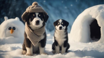 Wall Mural - two dogs in winter A comical depiction of a puppy and adult Malamute dressed as famous explorers,   