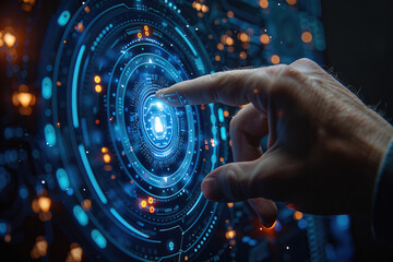 Poster - Businessman use forefinger touching security button on virtual screens, internet technology, artificial intelligence and networking concept, blue sci-fi tone. Generative AI.