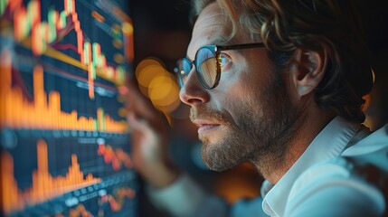 Wall Mural - Businessman analyzing stock graph at stock trading company for best investment strategy. Generative AI.