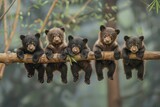 Fototapeta  - Bear Baby group of animals hanging out on a branch, cute, smiling, adorable