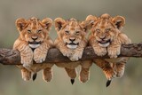 Fototapeta  - Lion Baby group of animals hanging out on a branch, cute, smiling, adorable