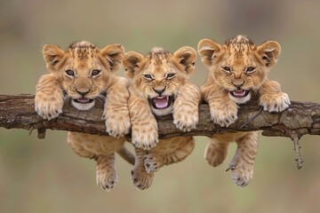 Canvas Print - Lion Baby group of animals hanging out on a branch, cute, smiling, adorable