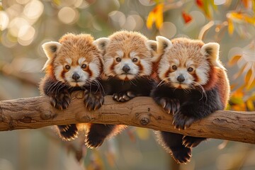 Canvas Print - Red Panda Baby group of animals hanging out on a branch, cute, smiling, adorable