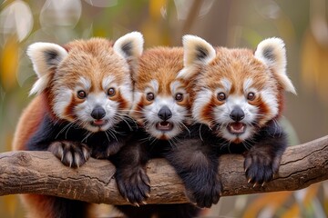 Canvas Print - Red Panda Baby group of animals hanging out on a branch, cute, smiling, adorable