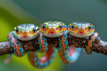 Canvas Print - Snake Baby group of animals hanging out on a branch, cute, smiling, adorable