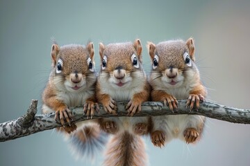 Canvas Print - Squirrel Baby group of animals hanging out on a branch, cute, smiling, adorable