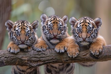 Canvas Print - Tiger Baby group of animals hanging out on a branch, cute, smiling, adorable