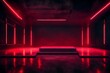 Empty scene background. Dark background of empty room, neon red light, concrete floor, smoke