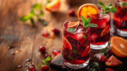 Sangria in glasses with ingredients - orange, lemon and lime slices, sugar, dark background.