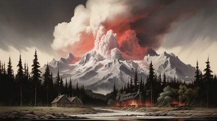 Sticker - Creative Manipulation of Digital Painting of Terrifying Volcano