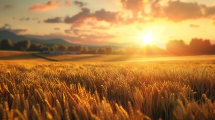 Canvas Print - A field of wheat with the sun setting in front, AI