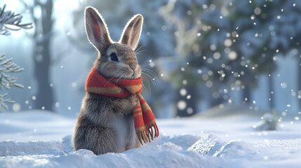 Wall Mural - rabbit in the snow with red red bow 