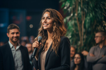 Empowered Woman in Tech: CEO speaking with microphone at International Business Coaching Conference, interacting with Audience. Women and Leadership in Large Companies.  