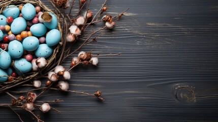 Wall Mural - Easter holiday background with colorful eggs, spring flowers, and idyllic seasonal decorations