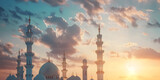 Fototapeta  -  Grand Mosque view, eid mubarak, ramadan kareem, jumma mubarak,White mosque silhouette against sunset mosques.