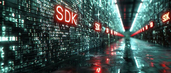 Digital matrix binary code forms the acronym SDK , symbolizing the concept of Software Development Kit.
