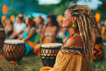 A person attending a cultural festival and experiencing traditional music, dance, and food. A woman with dreadlocks is sitting in the grass playing drums