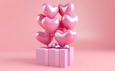 Wall Mural - glossy pink heart balloons tied to a gift box on a soft pink backdrop.