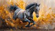 The background is an abstract artistic background. Vintage illustration with horse and golden brush strokes. Textured background. Oil on canvas. Modern Art. Grey, wallpaper, poster, card, mural,