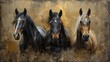 Artistic background with golden color brushstrokes on textured background. Oil on canvas. Modern Art. Horses, green, gray, wallpaper, posters, cards, murals, carpets, hangings, prints, etc.