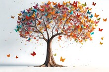 Butterfly Tree On The White Background, Colorful Tree, Decorative Tree Art, 3d Abstract Colorful Tree With Leaves On Hanging Branches Illustration Background