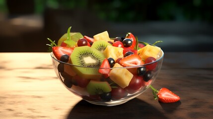 Wall Mural - Fresh fruit salad in glass bowl on wooden table, closeup view