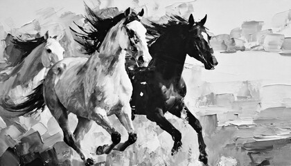 Wall Mural - A black and white painting shows wild horses racing together