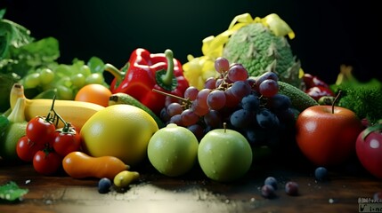  Fresh fruits and vegetables on a wooden background. Healthy food. Dieting concept.
