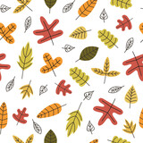 Fototapeta Dinusie - Cartoon Autumn leaves pattern. Vector hand drawn seamless fall background with abstract leaves	