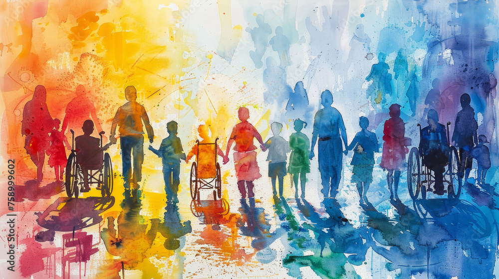 acquerello colorato con un gruppo eterogeneo di  persone con disabilità, giornata della disabilità, sensibilizzazione per il mondo diversamente abile, autismo