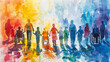 acquerello colorato con un gruppo eterogeneo di  persone con disabilità, giornata della disabilità, sensibilizzazione per il mondo diversamente abile, autismo