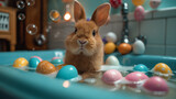 Fototapeta Mapy - Domestic Rabbit Amidst Colorful Easter Eggs