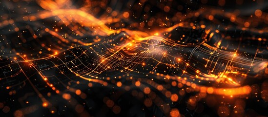 Abstract futuristic background with orange blurred dots and lines. Technology concept, banner
