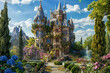 Majestic Castle Nestled in Lush Greenery with Ornate Turrets and Stone Facade, a Fairytale Architecture Dream