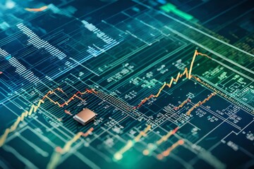 Poster - financial graphs on electronic circuits with blurred background