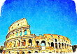 Rome, Italy - Colosseum on blue sky - Creative illustration, vintage watercolor design.