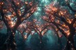 An underwater forest with trees resembling coral, their branches swaying in currents, highlighted with vibrant, bioluminescent tips.