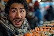 A man excitedly holding a tray of sushi at a busy marketplace with wide eyes and smile