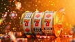 Vibrant slot machine with lucky 777 jackpot - A vivid close-up of a slot machine displaying the winning 777 amongst sparkling lights and casino imagery