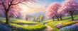 A serene spring landscape with blooming trees. The path runs away into the distance, giving a feeling of peace.