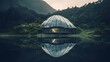 a dark reflection-style minimalist photo of a futuristic spacecraft greenhouse against a mountainous backdrop, surrounded by lush greens and positioned near the ocean at twilight , Attractive look