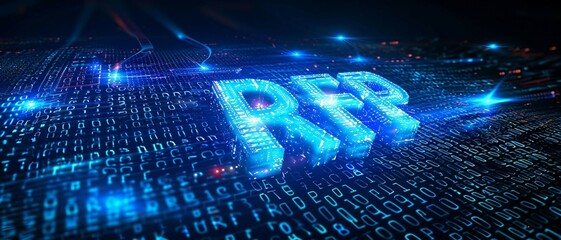 Digital blue matrix binary code forms the acronym RFP , symbolizing the concept of Request for Proposal.
